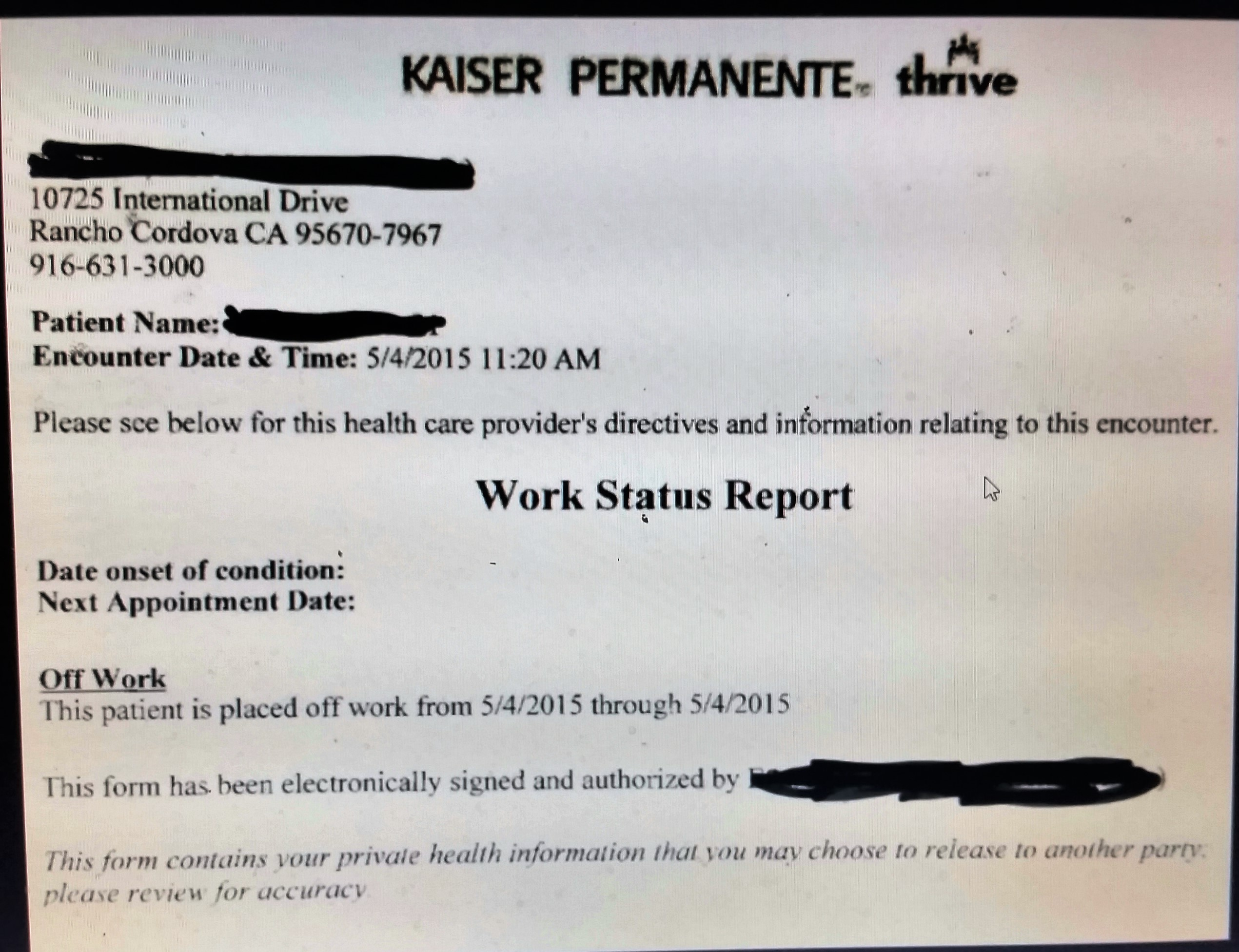 Kaiser Permanente Doctors Note Template