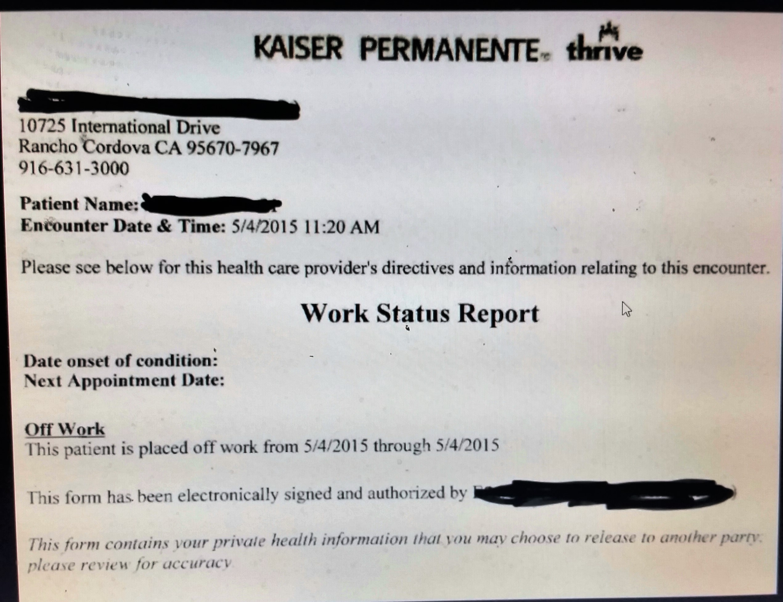 Kaiser Doctors Note BAHIA HAHA