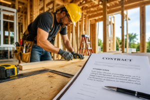 Contractor reviewing a California business contract with an attorney's fees clause before starting construction work.