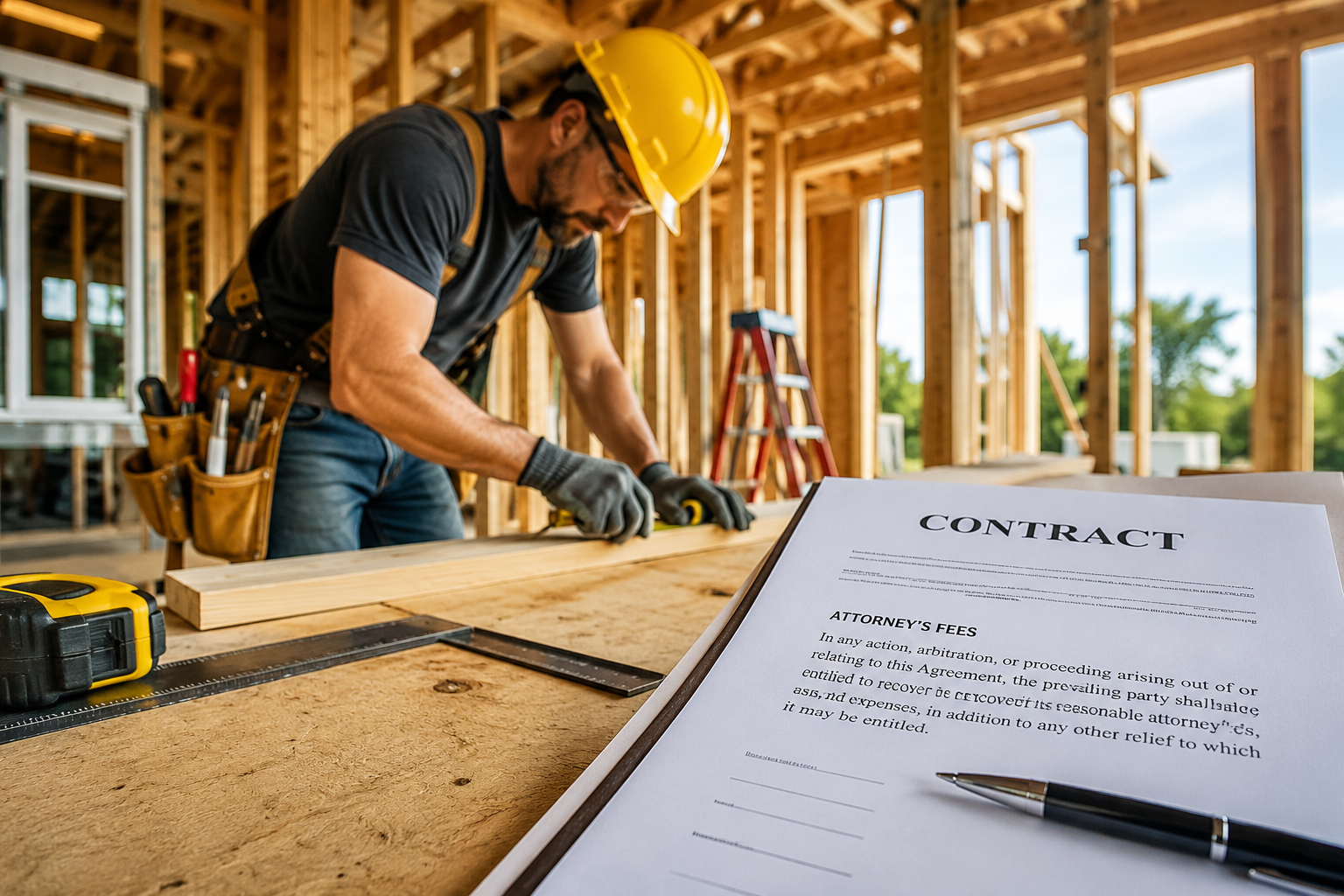 Construction contractor working on a job with a business contract highlighting an attorney's fees provision